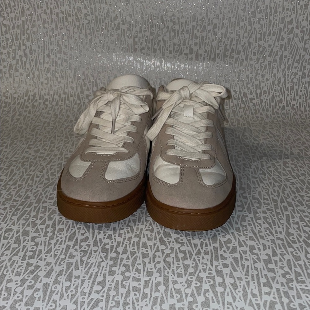 Stylish White and Tan Sneakers